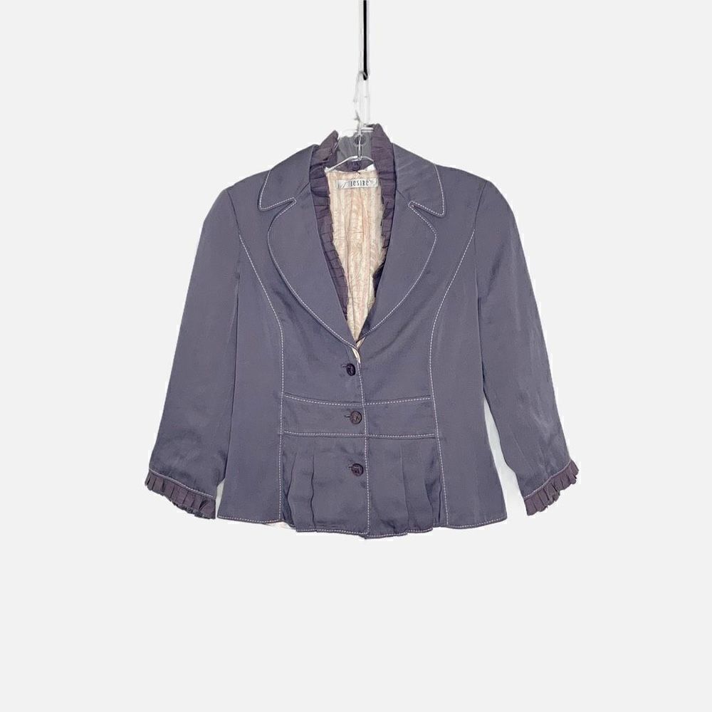 Jesire Purple Blazer Jacket w/ Removable Ruffle Trim Pleated Hem Women’s Size 6